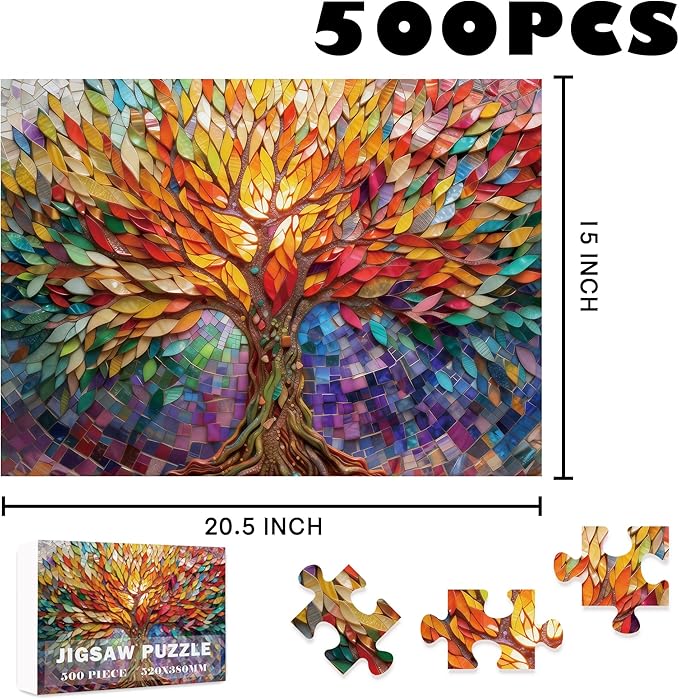 Tree of Life Puzzles for Adults 500 Pieces,Colorful Mosaic Jigsaw Puzzle,Family Puzzles Game, Fun Relaxing Challenging