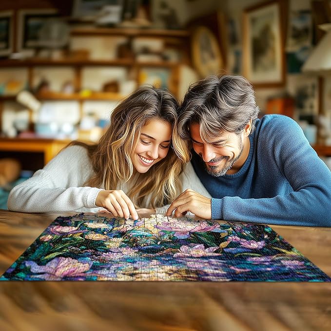 Puzzles for Adults 1000 Pieces - Stained Glass Lotus Mosaic Flower Floral - 1000 Piece Puzzles with Letters on Back - Jigsaw Puzzles 1000 Pieces for Fun Game - 27.6" L X 20.5" W, 1:1 Poster
