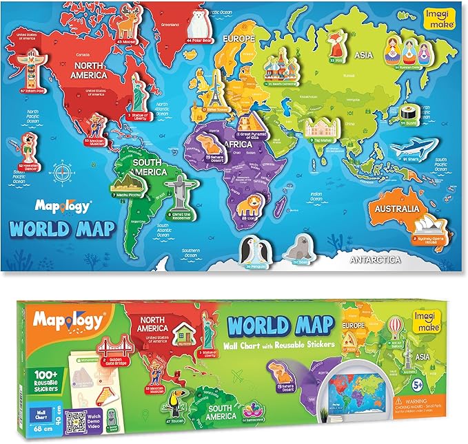 Imagimake Mapology World Map with Reusable Stickers | Geography Game for Kids Ages 5-8 | Learning Toys | Activities for Kids Ages 8-12 | Stem Toys | Gifts for Girls & Boys Age 5,6,7,8,9,10,11,12