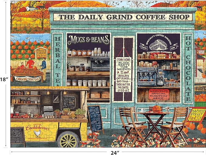 RoseArt - Kodak Premium - The Daily Grind Coffee Shop 350 Piece Jigsaw Puzzle - Cozy Autumn Coffee Shop Scene – Adult Puzzle – Finished Size Approx. 18" x 24", Made in USA