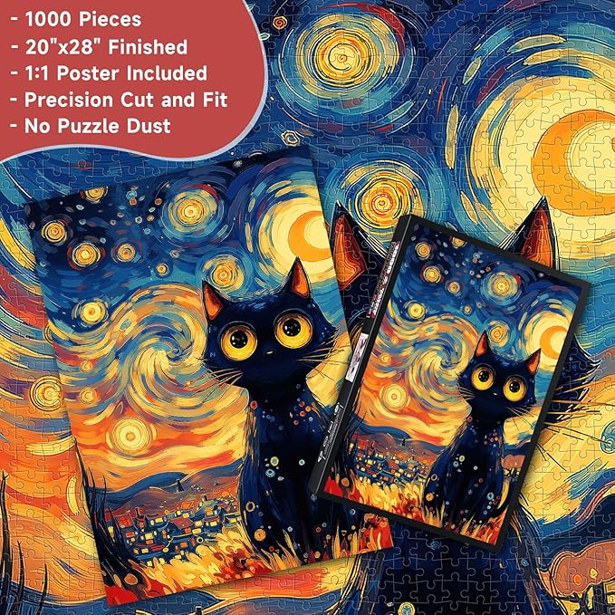 Starry Night Black Cat 1000 Piece Puzzle for Adults - Van Gogh Inspired Art, Whimsical Town Scene, Poster & Lettered Back, 20"x28" HD, Gift for Cat & Art Lovers