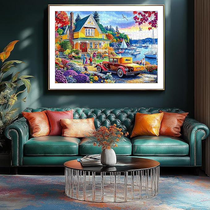 500 Piece Jigsaw Puzzles for Adults Autumn Harbor Cottage Scenic Puzzle Seaside Vibrant Fall House Scenery Puzzles for Seniors & Families, Fun Relax Puzzles with Letters on Back, 23x15 Inch