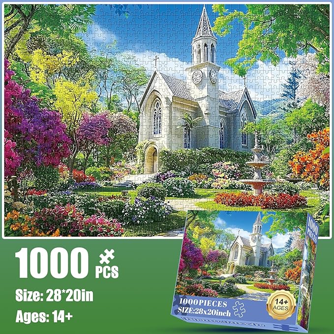 1000 Piece Puzzle for Adults,Little Chapel Puzzles,Beautiful Garden Countryside Jigsaw Puzzles 1000 Pieces,Fun Christian Puzzle for Adults Kids Seniors,Challenging Family Game Great Gift Idea,28x20 in