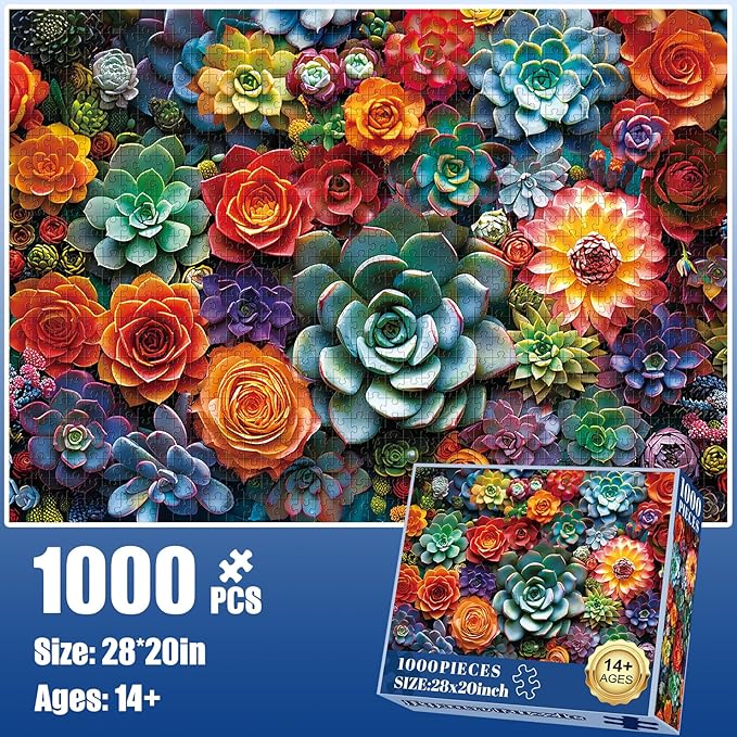 1000 Piece Puzzle for Adults - Colourful Flowers & Succulent Plants Puzzle for Adults Children - Recycled Paper Jigsaw Puzzle 1000 Pieces - Fun and Challenging Family Game Great Gift Idea, 28 * 20 in