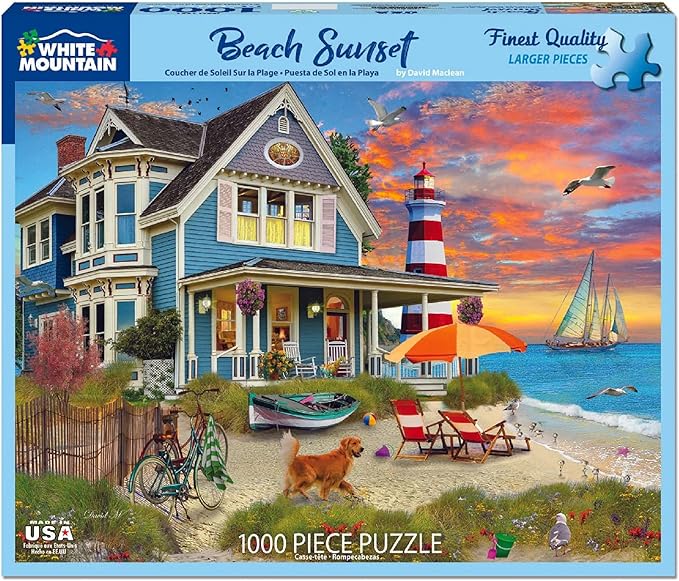 White Mountain 1000 Piece Jigsaw Puzzle Summer Night Ocean House Puzzles with Large Pieces for Adults and Family 24"x30" - Beach Sunset
