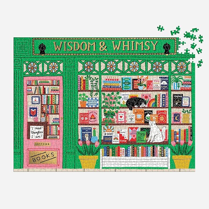 Galison Wisdom & Whimsy – 1000 Piece Foil Jigsaw Puzzle Featuring Beautiful Artwork of A Bookshop Scene