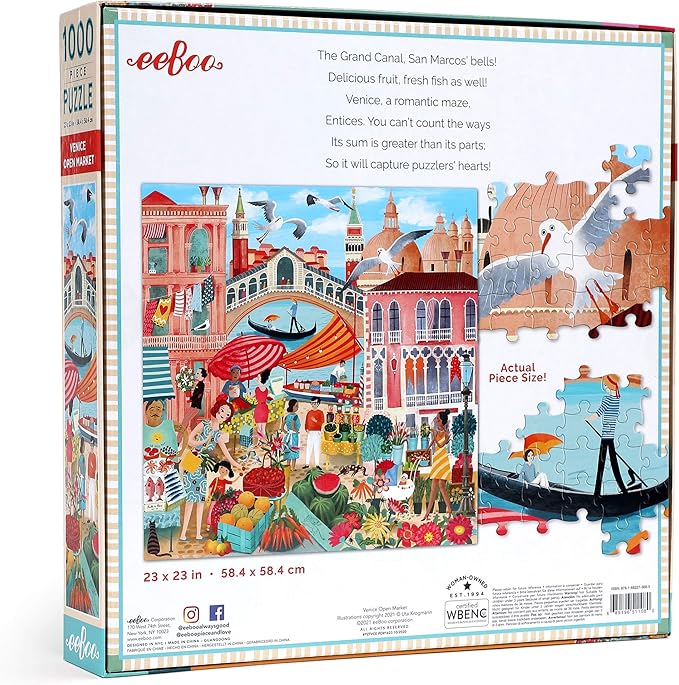eeBoo 1000 Piece Puzzle - Venice Open Market Jigsaw Puzzle for Adults, Square 23" x 23" Made with Recycled Board & Vegetable-Based Ink