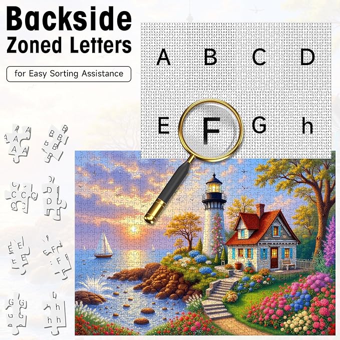 500 Piece Puzzles for Adults, Coastal Lighthouse & Cottage Jigsaw Puzzle with Letters on Back, Seaside Landscape for Game Nights & Home Decor, 20×15 Inch Cardboard