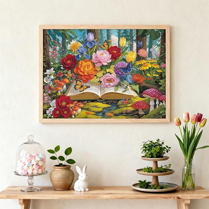 Colorful Flowers Book Puzzles 1000 Piece Jigsaw Puzzle for Adults, Vibrant Forest Jigsaw Puzzles with Letters on Back, Impossible Challenging Hard Butterflies Puzzles Home Decor, 27.5 x 19.7 Inch
