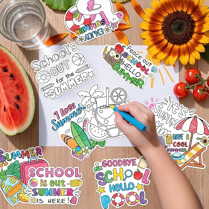 Dvbonike 30 Packs Summer End of The School Year Coloring Craft Kit with Magnet - Color Your Own Beach Magnets Card Set DIY Fridge Refrigerator Decor Home Party Gift Classroom Art Activity Supplies