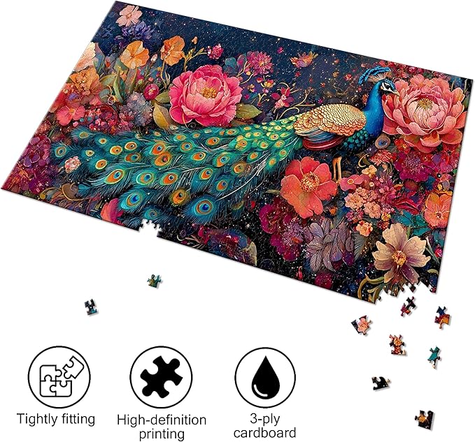 Bimkole Peacock Puzzles for Adults 1000 Pieces, Flower Paper Jigsaw Puzzle 1000 Pieces - Fun and Challenging Family Decoration Puzzle Great Gift Idea, Finished Size is 31.5 x 16.14 in