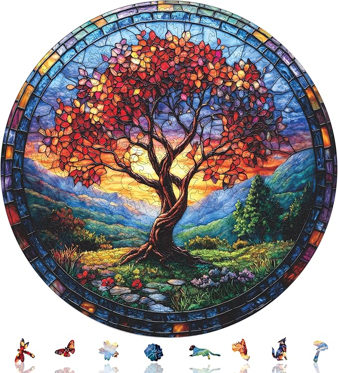 Qiuenisray Wooden Puzzles, Autumn Redwood Tree Jigsaw Puzzles 200 Pieces, FSC Certified Wood Puzzle, Beautiful Wall Decor, Unique Shape Adult Puzzle Pieces, Creative Gift for Family Game 11.2x11.2 in