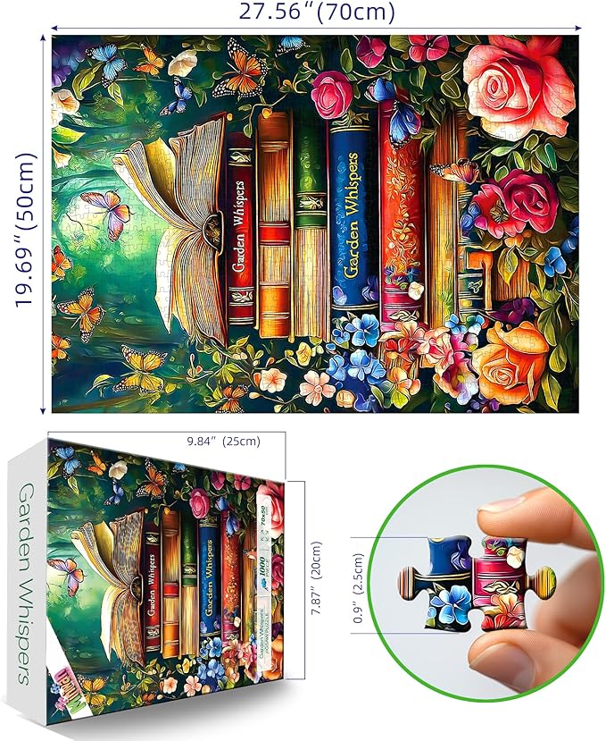 MINIWAN Cottagecore Garden Whispers Stacked Books 1000 Piece Jigsaw Puzzle for Adults, Vintage Blooming Flower Monarch Butterfly Jigsaw Puzzle, Gift for Book & Garden Lovers 27.5x19.7 Inch