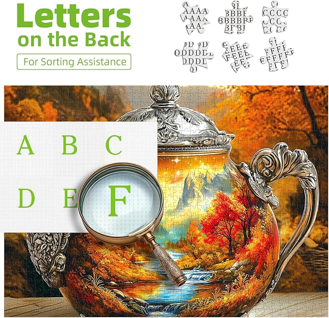 Vintage Autumn Landscape Teapot 500 Piece Puzzle for Adults Whimsical Fantasy Mountain River Nature Scenery Art with Letters on Back Challenging Games Gifts for Seniors & Families- 20x20 Inch