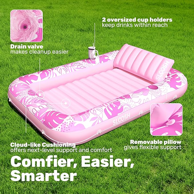 SLOOSH Inflatable Tanning Pool Lounger Float,70" x 46" Pool Floats Adult with Pillow,4 in 1 Suntan Tub Raft Floatie,Sunbathing Bed Lounge for Water Blow Up Kids Ball Pit Party Gifts,L-Blushing Pink