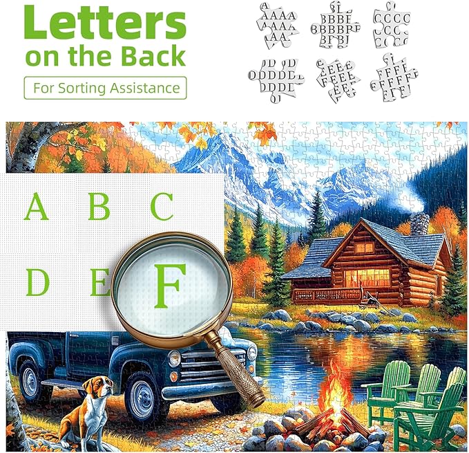 500 Pieces Jigsaw Puzzles for Adults, Mountain Wooden House with Vintage Truck, Campfire & Lake Landscape Puzzles for Party Game Family Decoration Gifts, Finished Size 23" x 15"