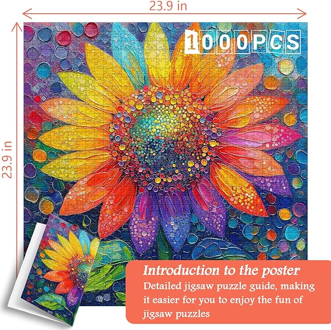 PICKFORU Sunflower Puzzles for Adults 1000 Pieces, Impossible Rainbow Flower Jigsaw Puzzles, Colorful Gradient Plant Puzzle 1000 Pieces as Wall Art Decor