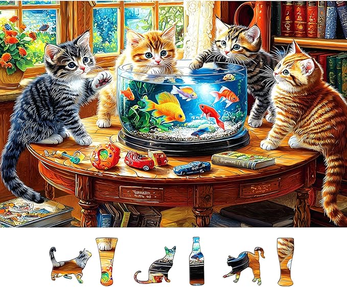 500 Piece Jigsaw Puzzles for Adults - Kittens & Goldfish Library Scene Puzzle,Cute Cats Puzzle with Letters on Back Perfect Game Night Gift for Family Seniors(23x15 Inch)