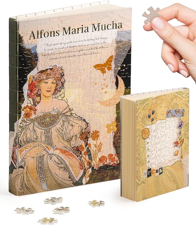 PieceRelax A5 3D Puzzle Journal for Adults, 300 Piece Plastic Jigsaw Book Cover (Includes Notebook) - Alphonse Mucha - Reverie Diary, Unique Gift [YA1057]