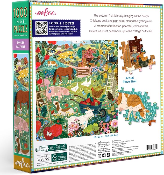 eeBoo 1000 Piece Puzzle - English Pastures Jigsaw Puzzle for Adults, Square 23" x 23" Made with Recycled Board & Vegetable-Based Ink