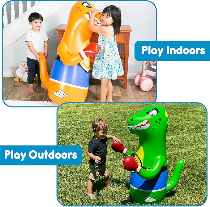 47" Inflatable Dinosaur Punching Bag for Kids - Durable Blow Up Kids Punching Bag with Bounce Back Base - Inflatable Indoor Outdoor Active Toddler Bop Play Toy