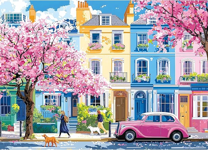Puzzles for Adults 1000 Pieces Urban Cherry Blossom Spring Street and Pink Vintage Car Art Jigsaw Puzzle for Family Fun Challenging, Party Game Gifts Decoration (27.5" x 19.7")