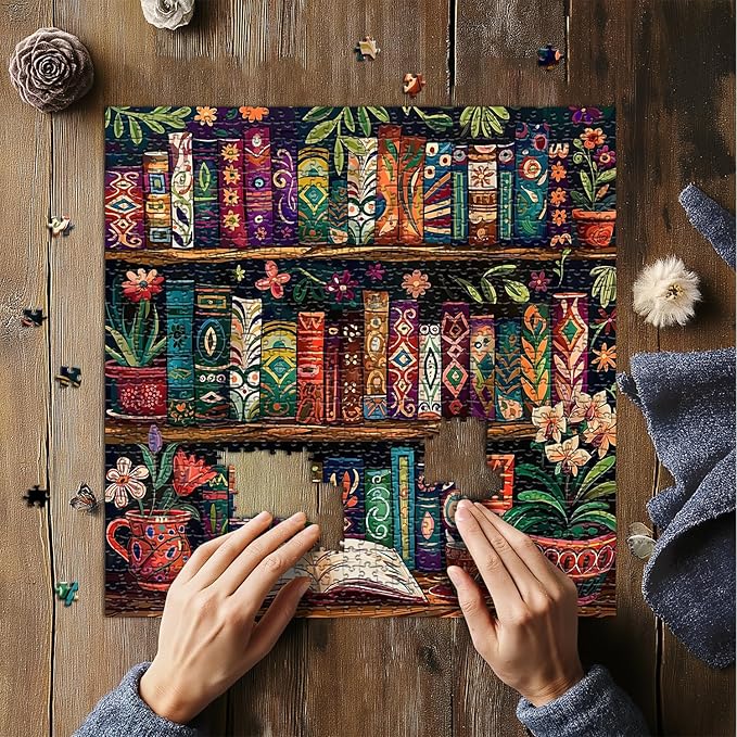 Blooming Bookshelf Jigsaw Puzzles 1000 Pieces, Vintage Literary Blossom Colorful Art Puzzle, Flower Book Wildflower Page Floral Themed, Library Impossible Challenging Puzzles for Adults