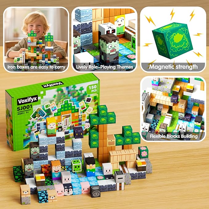 150PCS Magnetic Building Blocks Set Toys, Kids Classroom Magnet Blocks Toy for Toddlers STEM Learning, Construction Stacking Toy for Kids Boys and Girls Christmas Birthday Gifts