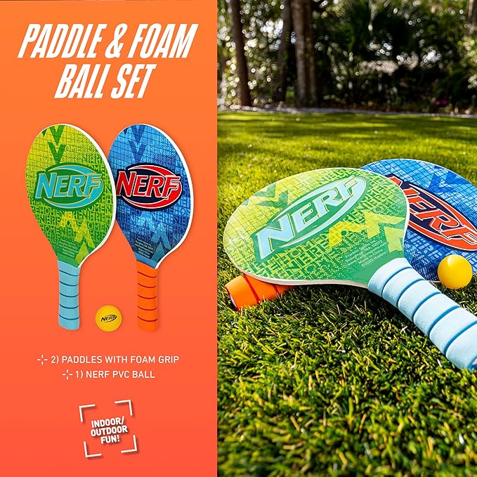 NERF Paddleball Set - Fun Paddleball Beach Game for Adults + Kids - Fun Outdoor Pool + Beach Water Sports Game - Includes (2) Wooden Paddles + (1) NERF Paddle Ball - Complete Set