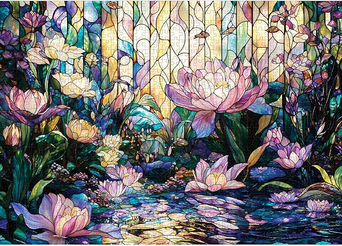 Puzzles for Adults 1000 Pieces - Stained Glass Lotus Mosaic Flower Floral - 1000 Piece Puzzles with Letters on Back - Jigsaw Puzzles 1000 Pieces for Fun Game - 27.6" L X 20.5" W, 1:1 Poster