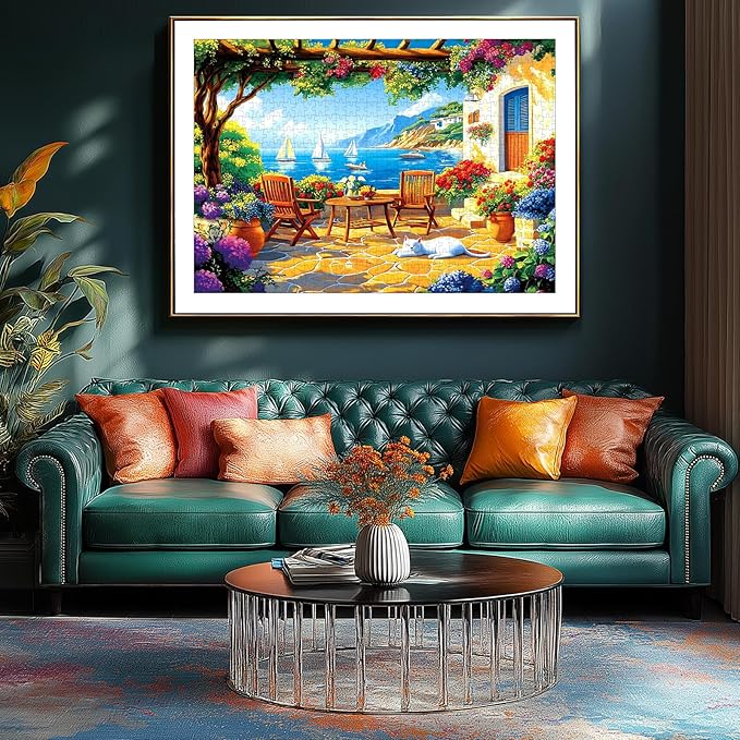1000 Piece Jigsaw Puzzle for Adults, Seaside Garden Terrace Scene with Colorful Flowers and Cat, Mediterranean Coastal Landscape with Sailboats, Home Decor & Stress Relief