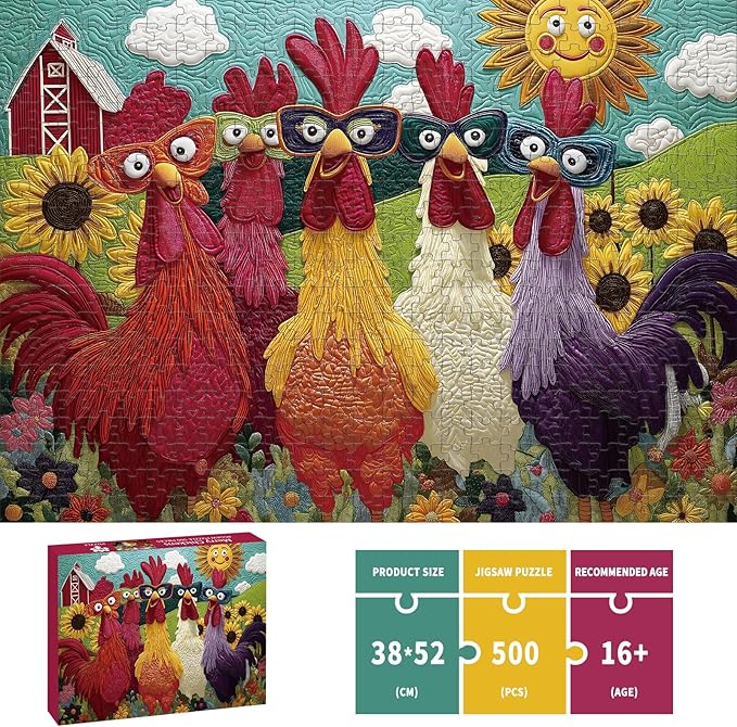 Puzzles for Adults 500 Pieces, Colorful Rooster Puzzle Jigsaw Puzzles 500 Pieces - Merry Chickens, Chicken Decor Impossible Puzzle, Finished Size 20.47 * 14.96”, with 1:1 Poster, Letter on The Back