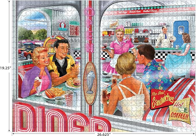 RoseArt - Back to the Past - Diner Double Date 1000 Piece Jigsaw Puzzle - Vintage Retro Diner Puzzle for Adults - Finished Size 26.625 x 19.25 Made in USA