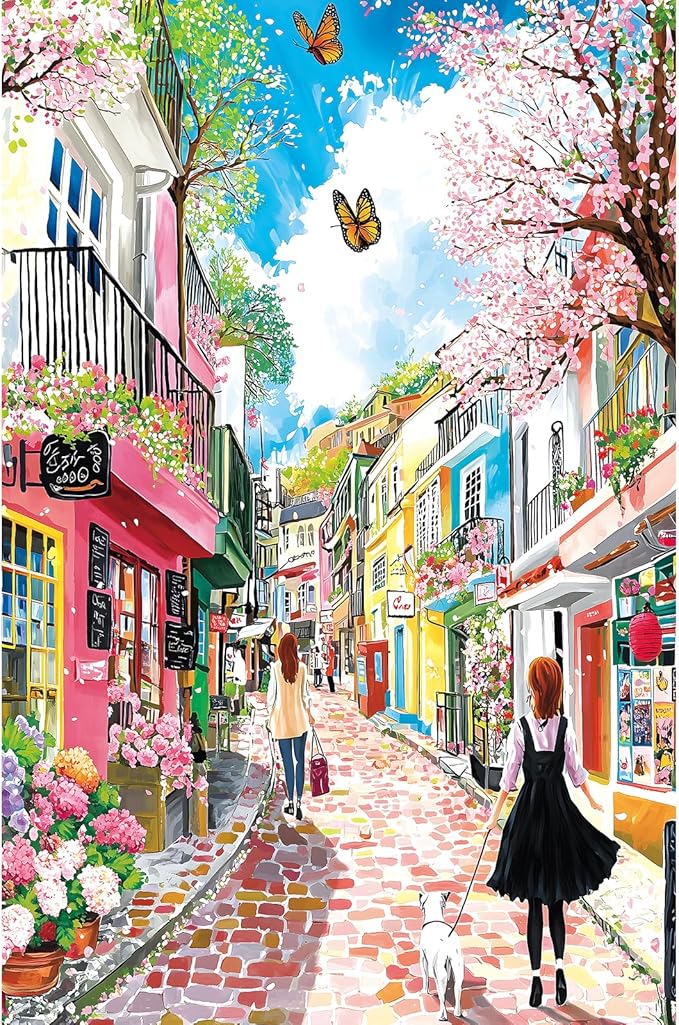 Spring Cherry Blossom Street 500 Piece Jigsaw Puzzles for Adults Colorful European Scene Pink Town Jigsaw Puzzles with Letters on Back for Perfect Family Challenge Game Nights (23"X15")