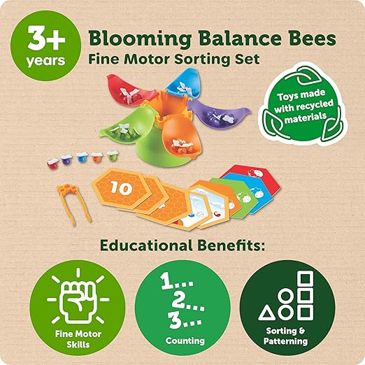 Learning Resources Blooming Balance Bees Fine Motor Sorting Set - Preschool Learning Activities, Fine Motor Games, Color Sorting Toys for Toddlers 3-5, Matching and Counting Toys for Toddlers