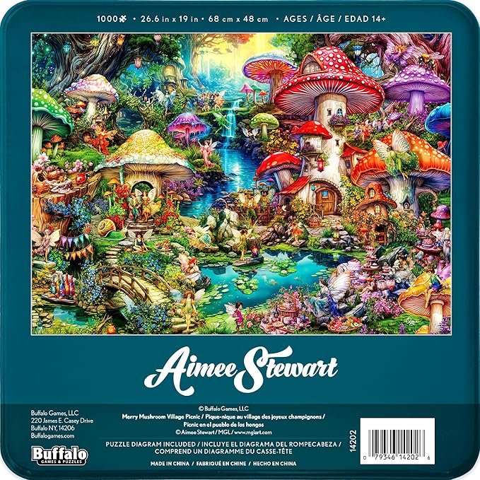 Buffalo Games - Merry Mushroom Village Picnic - Aimee Stewart - 1000 Piece Jigsaw Puzzle in Premium Collector’s Tin - Fun Challenge for Adults & Families