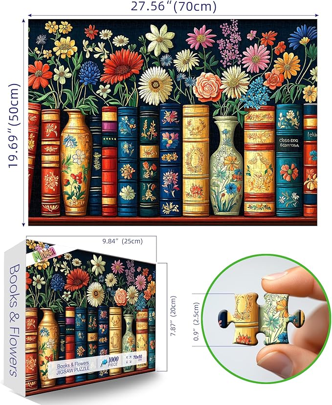 MINIWAN Wildflowers Books 1000 Piece Jigsaw Puzzle for Adults, Vintage Flower Book Puzzle, Floral Art Bookshelf Library Puzzles, Challenging Hard Difficult Puzzles for Adults 27.5x19.7 Inches
