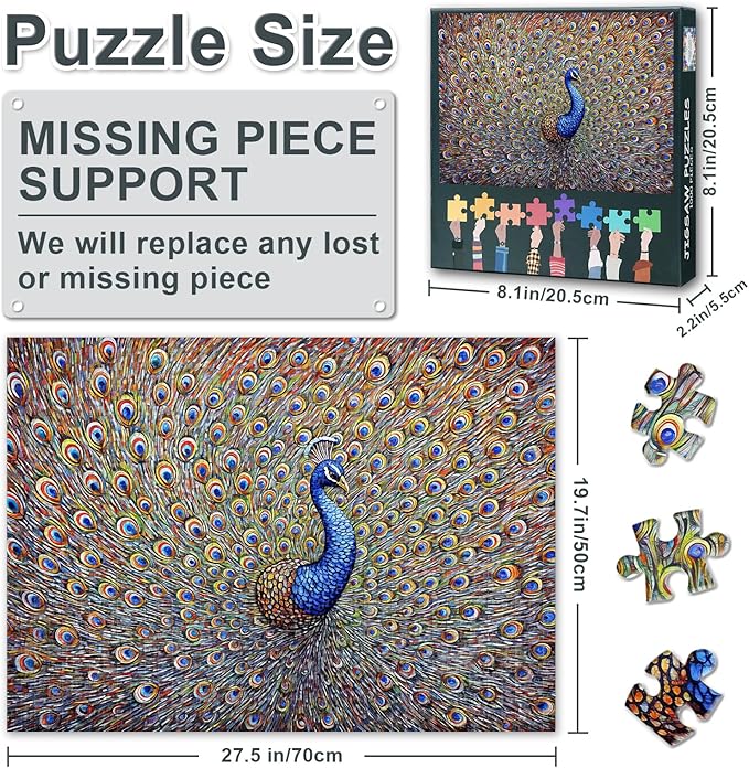 Puzzles for Adults 1000 Pieces, Blue Peacock Jigsaw Puzzles, Peacock Feathers Adult Puzzle for Adults, Educational Fun Games or Toys for Elders Friends 20X27 INCH