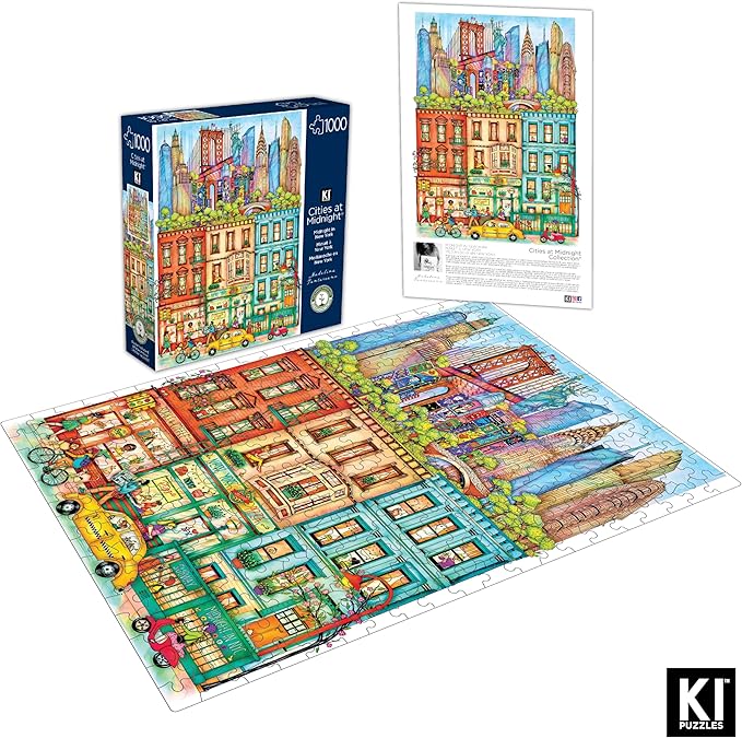 Hard & Challenging 1000 Piece Puzzle for Adults – Cities at Midnight New York by Madalina Tantareanu – Empire State Building, Statue of Liberty & Brooklyn Bridge – Difficult 27x20 Jigsaw by KI Puzzles