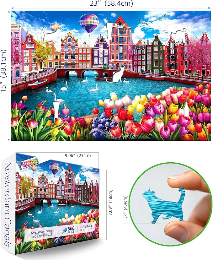500 Pieces Puzzles for Adults, Amsterdam Netherlands - City of Canals, Challenging Jigsaw Puzzles for Adults Tulip Flower, Gift for Jigsaw Puzzle Lovers, 23 x 15 inch