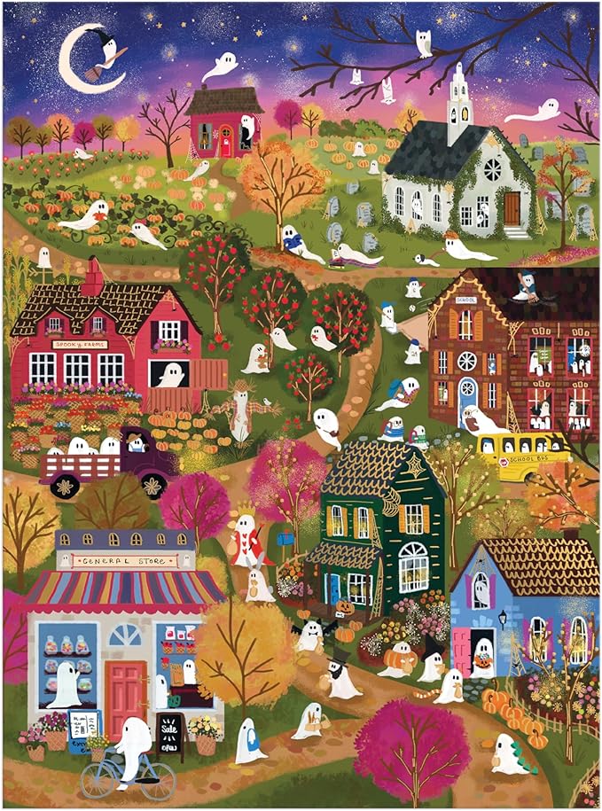 Galison Spooky Village – 1000 Piece Foil Joy Laforme Jigsaw Puzzle Featuring Spooky Artwork of Ghostly Village During Halloween