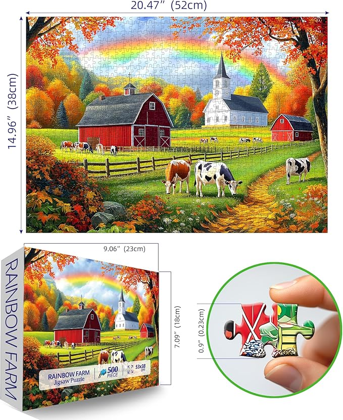 MINIWAN 500 Piece Puzzles for Adults - Farm Rainbow Cow Jigsaw Puzzle, 23x15 Inches with Unique Irregular Shaped Pieces for Relaxation & Home Wall Decor