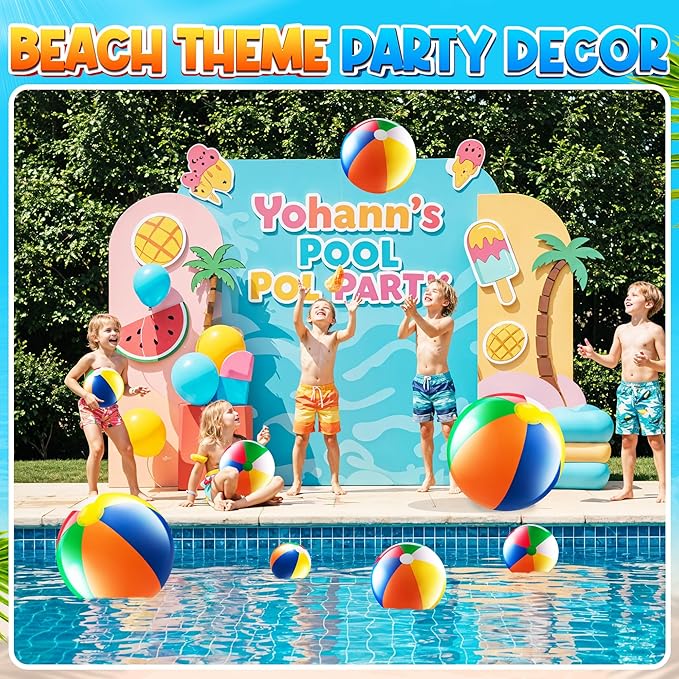 Bedwina 4-Pcs Assorted Inflatable Beach Balls - Rainbow Beach Balls for Kids in 6", 12", 16", 24" Sizes - Colorful Blow Up Pool Toys for Beach Games, Summer Party Decor & Outdoor Fun