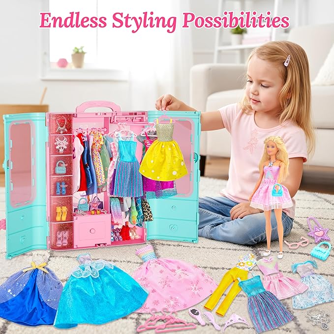 Style Shine 70 Pcs Doll Closet with Clothes & Accessories Playset,2 Wedding Gowns 6 Fashion Dresses 2 Tops 2 Pants 2 Swimsuits 10 Shoes 20 Hangers 27 Accessories Toys for Girls Kids Birthday Gifts