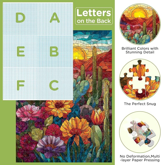 500 Piece Puzzles for Adults, Cactus Puzzles 500 Pieces, Stained Glass Puzzle Including Mosaic Art Cactus, Colorful Succulent Puzzles for Plant Lovers, Challenging Game Home Decor, 20.5 x 15 in