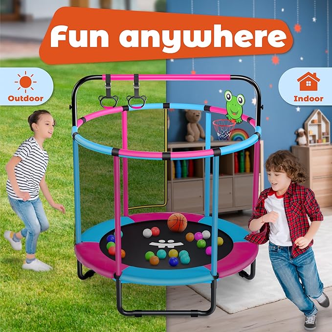 Happin® 55’’ Trampoline for Kids with Safety Enclosure, Indoor & Outdoor Toddler Trampoline, Ultra Safe Design with Multi Activity Accessories, Perfect Toddler Gift for Boys & Girls Ages 1–8