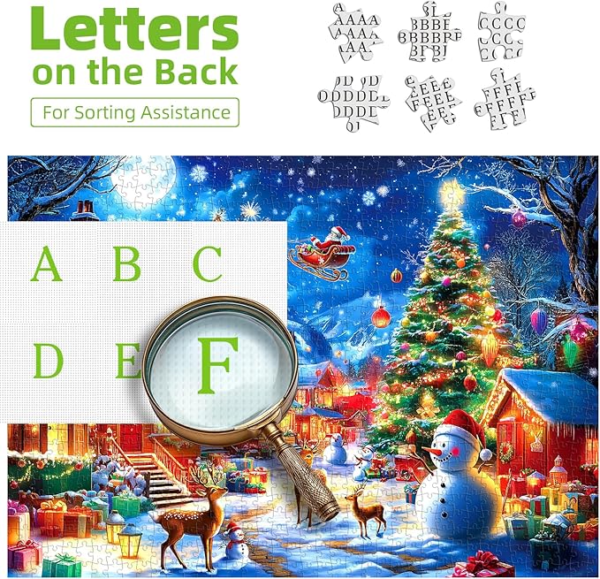 Puzzles for Adults 1000 Pieces Christmas Village Jigsaw Puzzle Snowmen and Reindeer Festive Holiday Scene with Letters on Back No Dust for Holiday Party Family Fun Decor (27.5 x 19.7 inch)