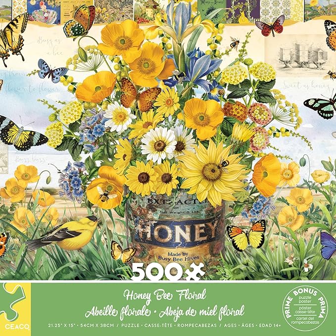 Ceaco - Barbara Anderson - Honey Bee Floral - 500 Piece Jigsaw Puzzle - Relaxing and Fun Activity for Adults
