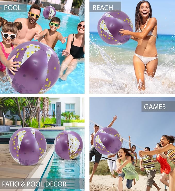 POZA Inflatable Beach Balls - Elegant Glitter Confetti Premium Floaters, Heavy Duty Vinyl Floatation Pool Toys for Pool Beach Party, UV Resistant Pool Décor