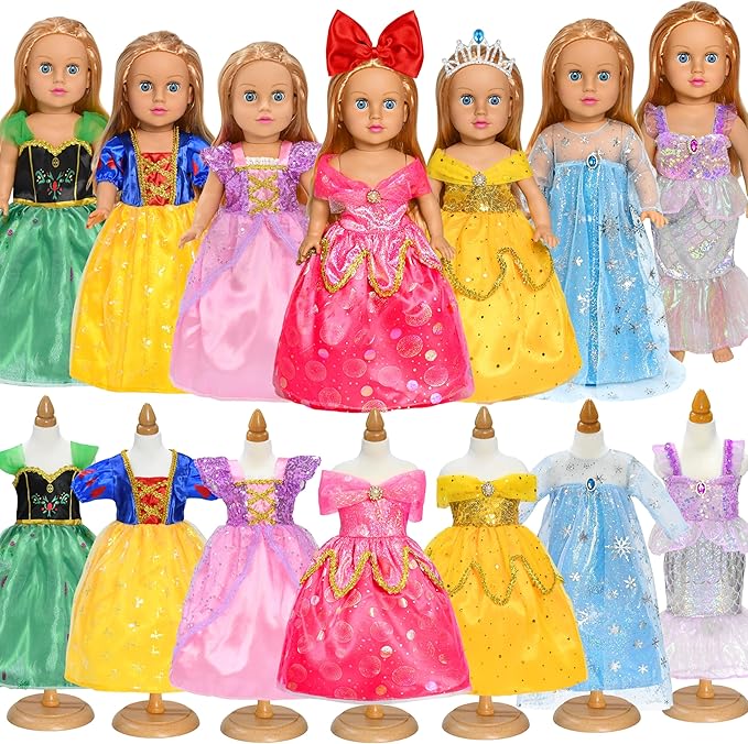 9 pcs American Doll Clothes Set for 18 inch Dolls, Doll Clothing Outfits Include 7 Different Princess Dresses, Crown, Hair Bow, Christmas Birthday Gift for Girls
